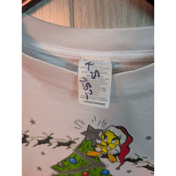 Vintage 90s Looney Tunes Christmas Tree T-Shirt Large Bug Bunny Taz Marvin White - Picture 5 of 7
